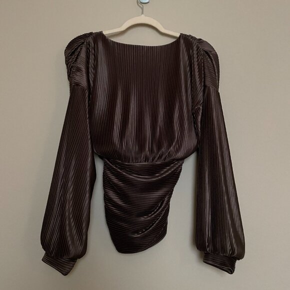 Express, Faux Wrap, Banded Bottom, Shimmery Chocolate Color V-Neck Blouse - Picture 3 of 8